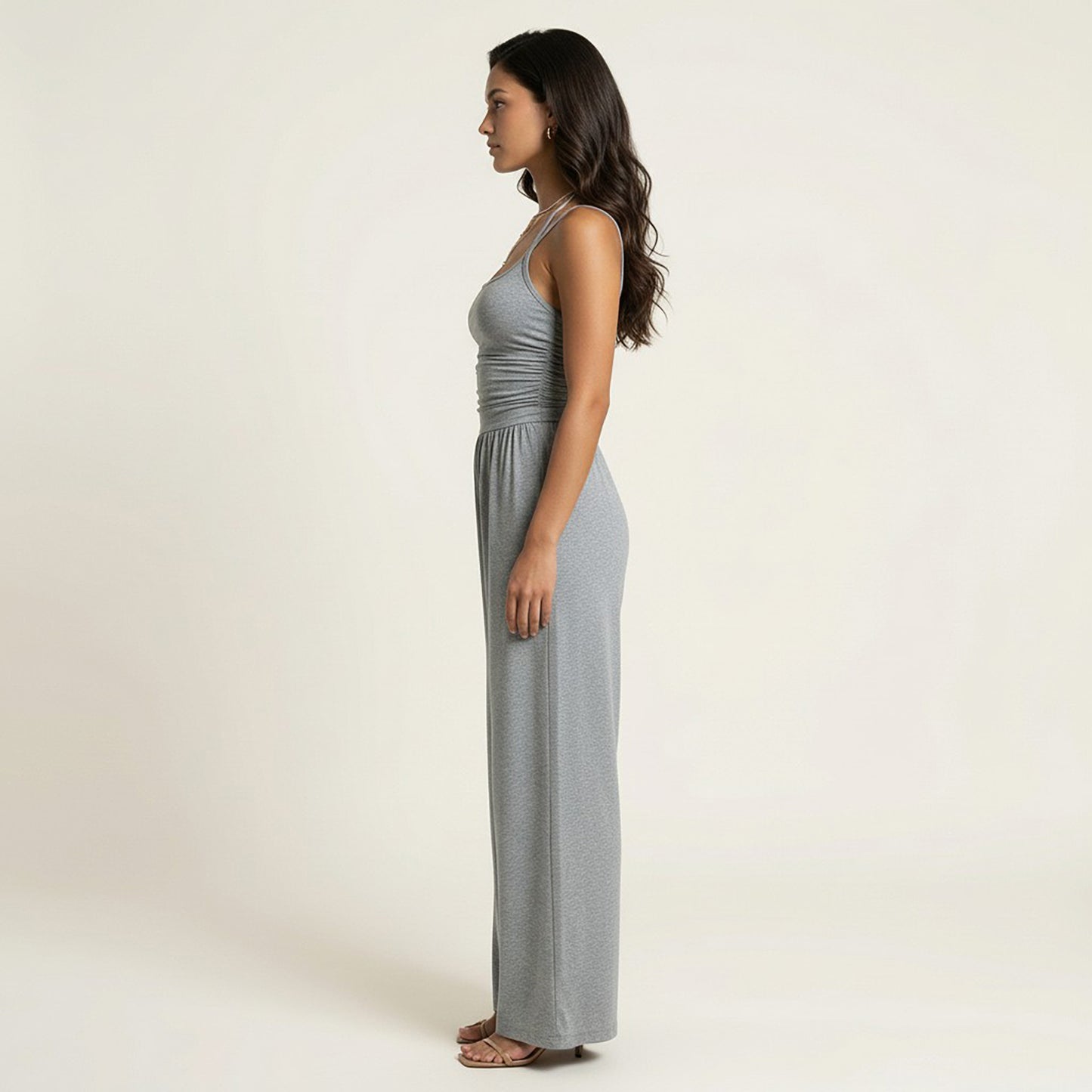 Sleeveless Wide Leg Jumpsuit with Scoop Neck Ruched Bodice Soft Stretch Fabric