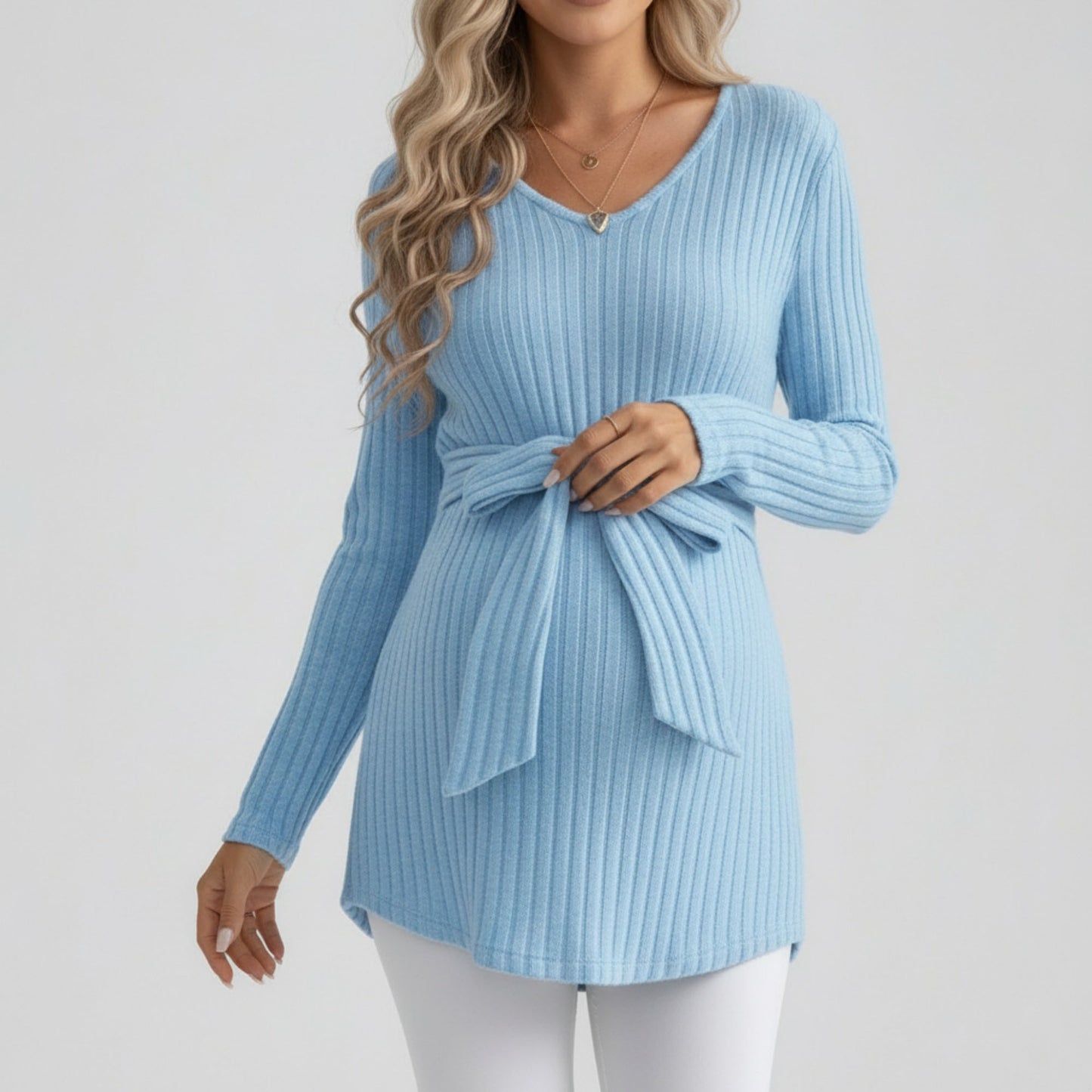 Maternity Ribbed Knit Long Sleeve Tunic Top with V Neck Tie Waist Soft Stretch Shirt