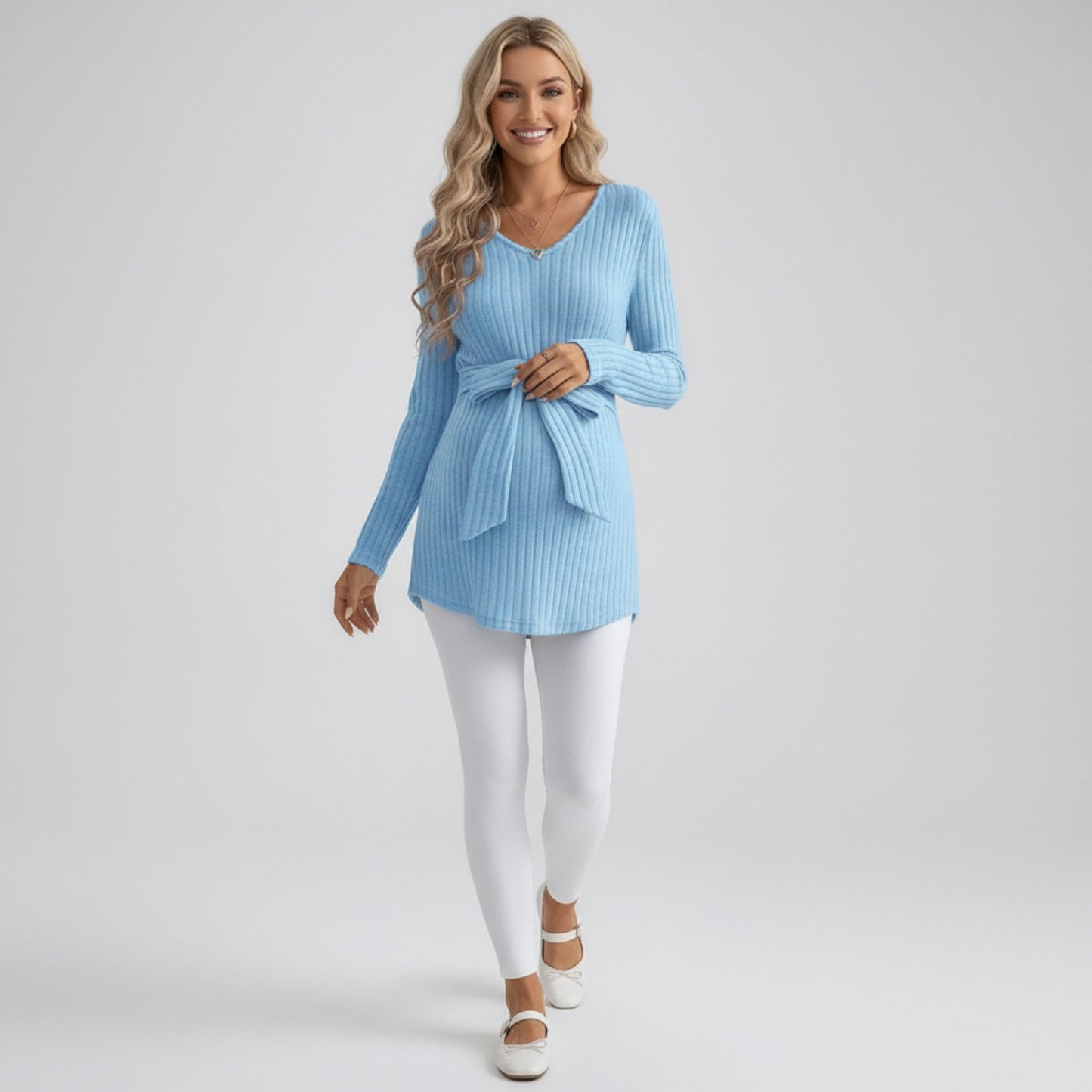 Maternity Ribbed Knit Long Sleeve Tunic Top with V Neck Tie Waist Soft Stretch Shirt