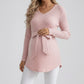Maternity Ribbed Knit Long Sleeve Tunic Top with V Neck Tie Waist Soft Stretch Shirt