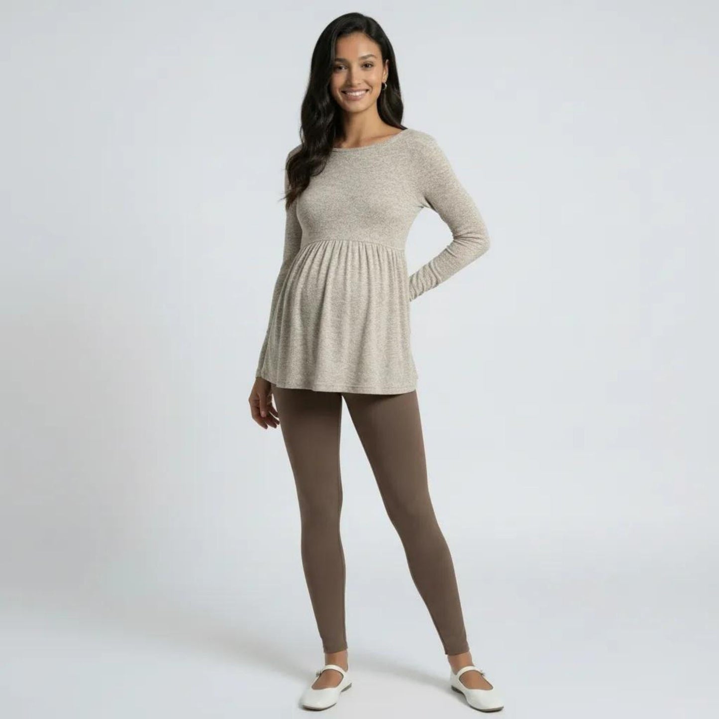 Maternity Long Sleeve Babydoll Tunic Top with Crew Neck Soft Stretch Flowy Shirt