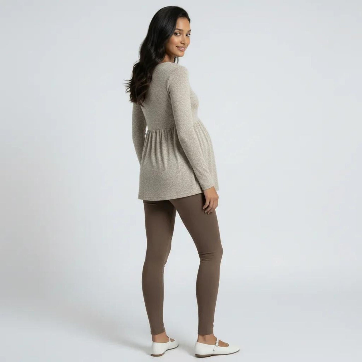 Maternity Long Sleeve Babydoll Tunic Top with Crew Neck Soft Stretch Flowy Shirt