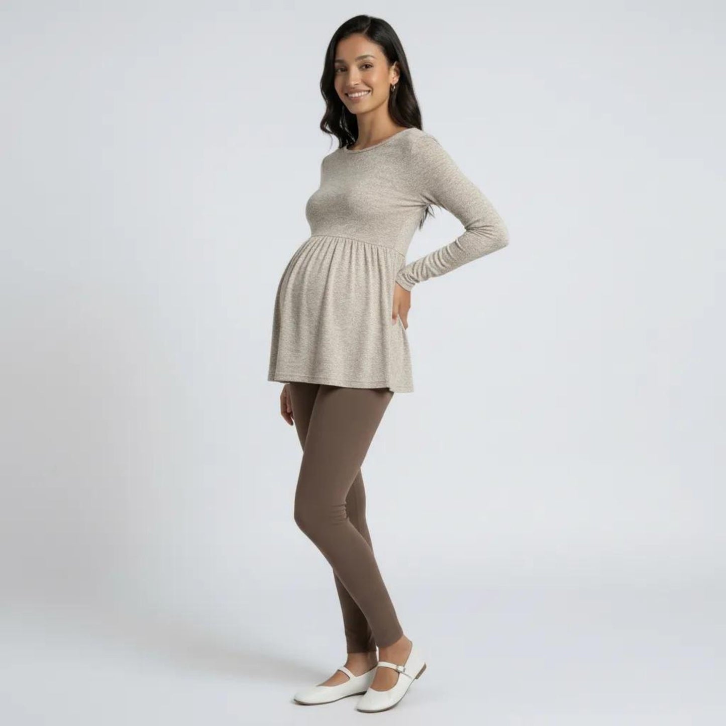 Maternity Long Sleeve Babydoll Tunic Top with Crew Neck Soft Stretch Flowy Shirt