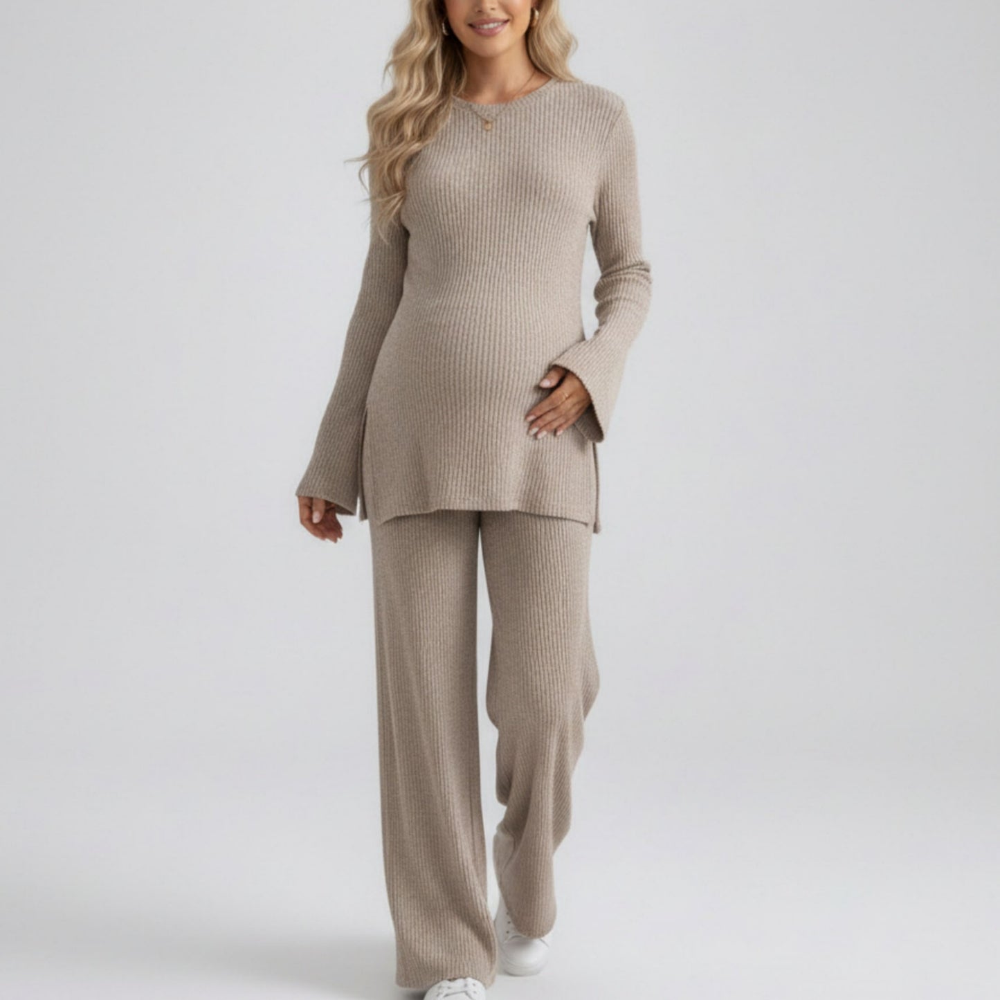 Maternity 2 Piece Lounge Set Ribbed Knit Long Sleeve Top Wide Leg Pants Matching Set