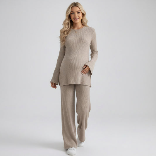 Maternity 2 Piece Lounge Set Ribbed Knit Long Sleeve Top Wide Leg Pants Matching Set