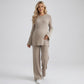 Maternity 2 Piece Lounge Set Ribbed Knit Long Sleeve Top Wide Leg Pants Matching Set