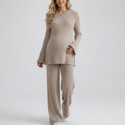 Maternity 2 Piece Lounge Set Ribbed Knit Long Sleeve Top Wide Leg Pants Matching Set