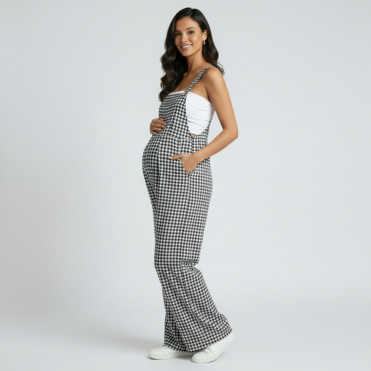 Maternity Gingham Wide Leg Jumpsuit with Adjustable Straps Square Neck Loose Fit Overalls