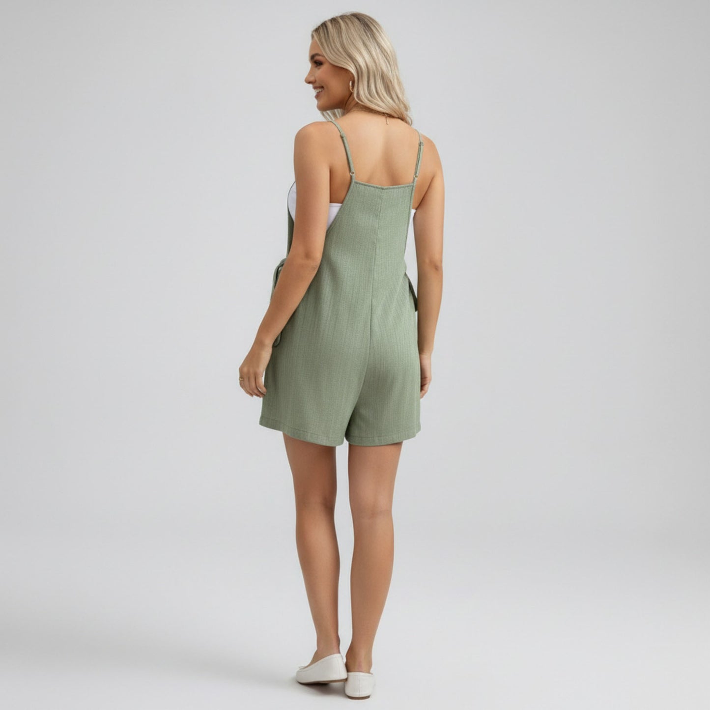 Maternity Sleeveless Tie Side Romper with Adjustable Straps Loose Fit Soft Stretch Jumpsuit