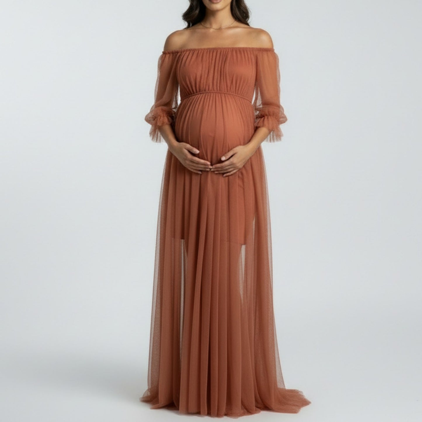 Maternity Off Shoulder Mesh Maxi Dress with Sheer Overlay Empire Waist Flowy Formal Dress