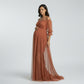 Maternity Off Shoulder Mesh Maxi Dress with Sheer Overlay Empire Waist Flowy Formal Dress