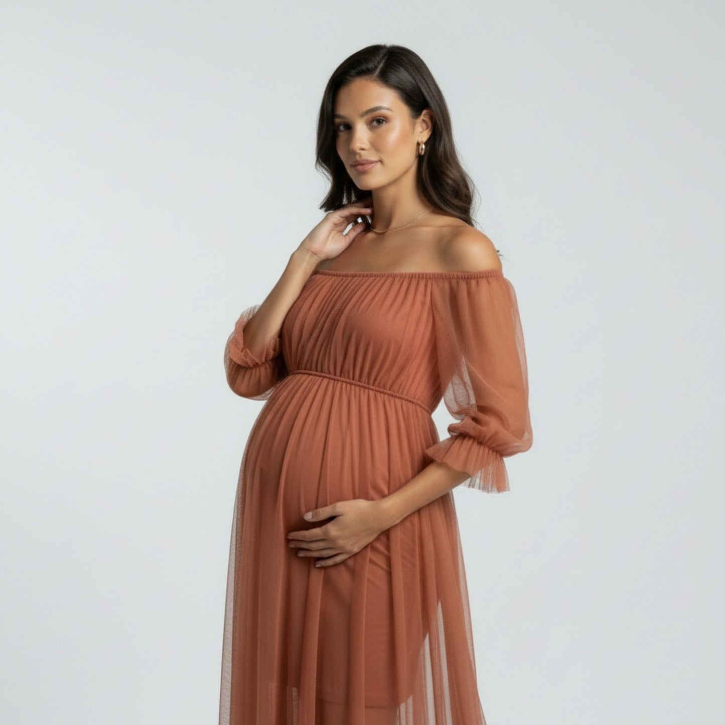 Maternity Off Shoulder Mesh Maxi Dress with Sheer Overlay Empire Waist Flowy Formal Dress