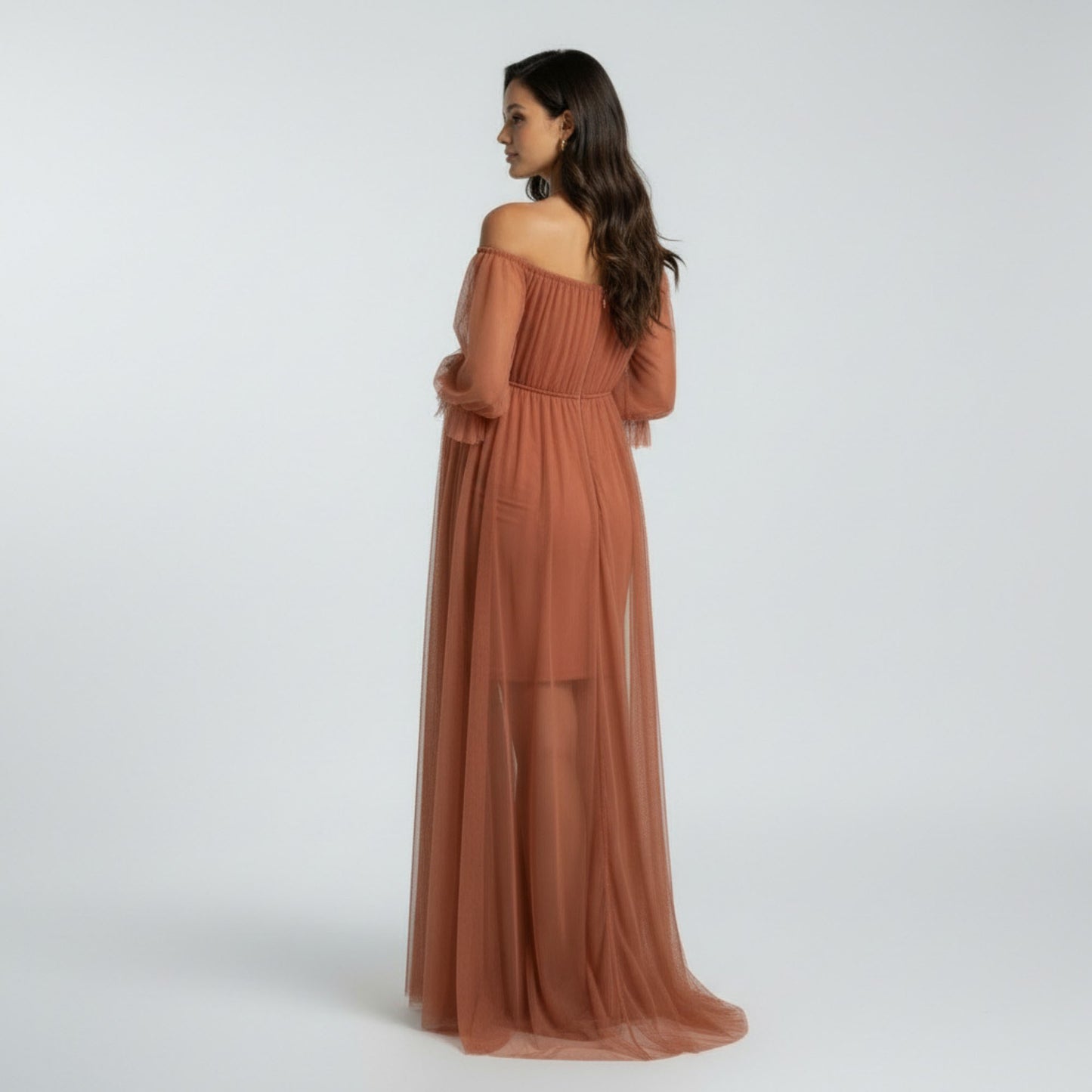 Maternity Off Shoulder Mesh Maxi Dress with Sheer Overlay Empire Waist Flowy Formal Dress