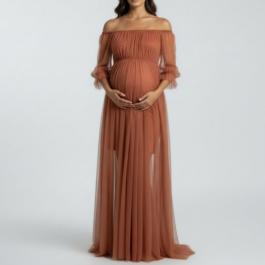 Maternity Off Shoulder Mesh Maxi Dress with Sheer Overlay Empire Waist Flowy Formal Dress