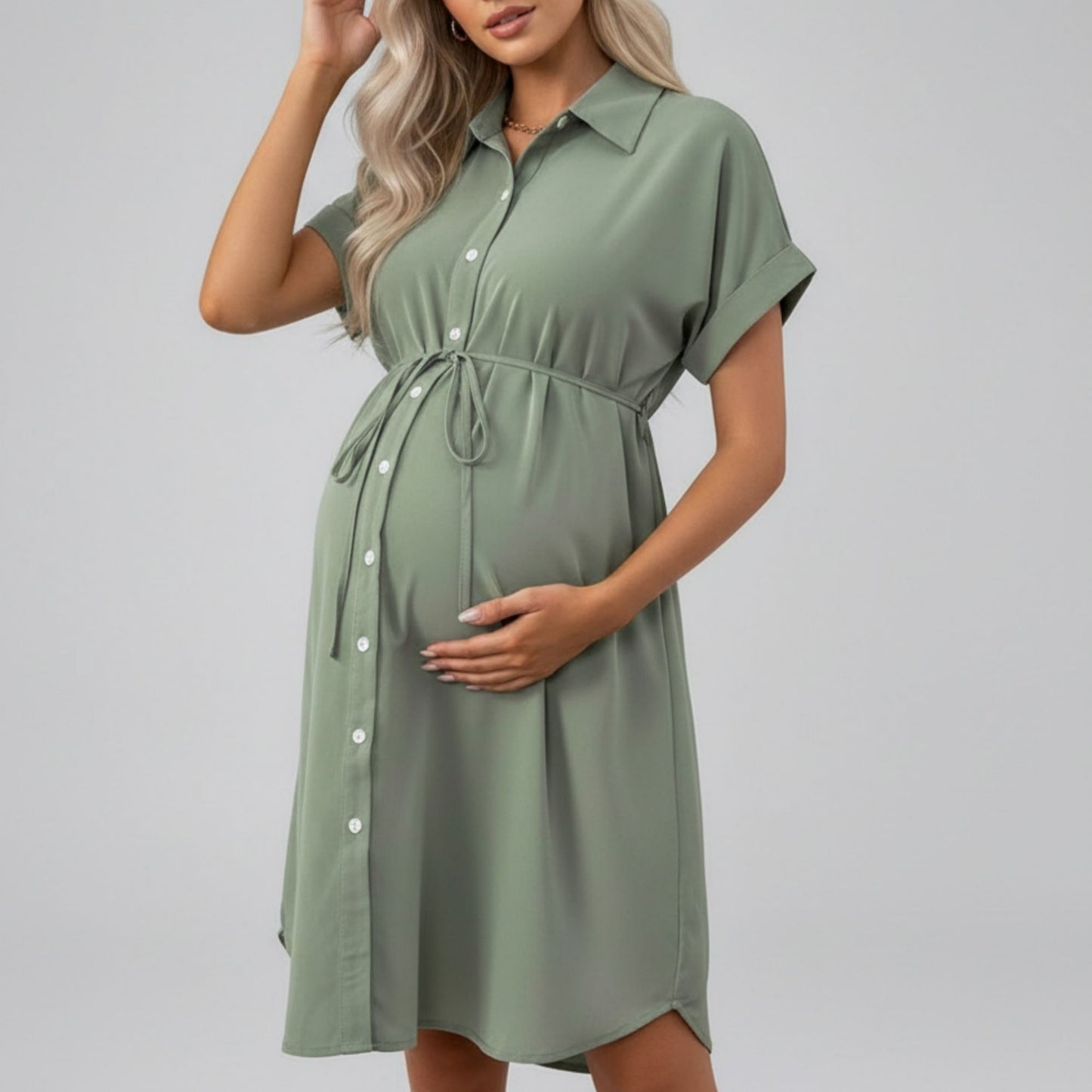 Maternity Button Down Shirt Dress with Adjustable Tie Waist Collared Midi Dress