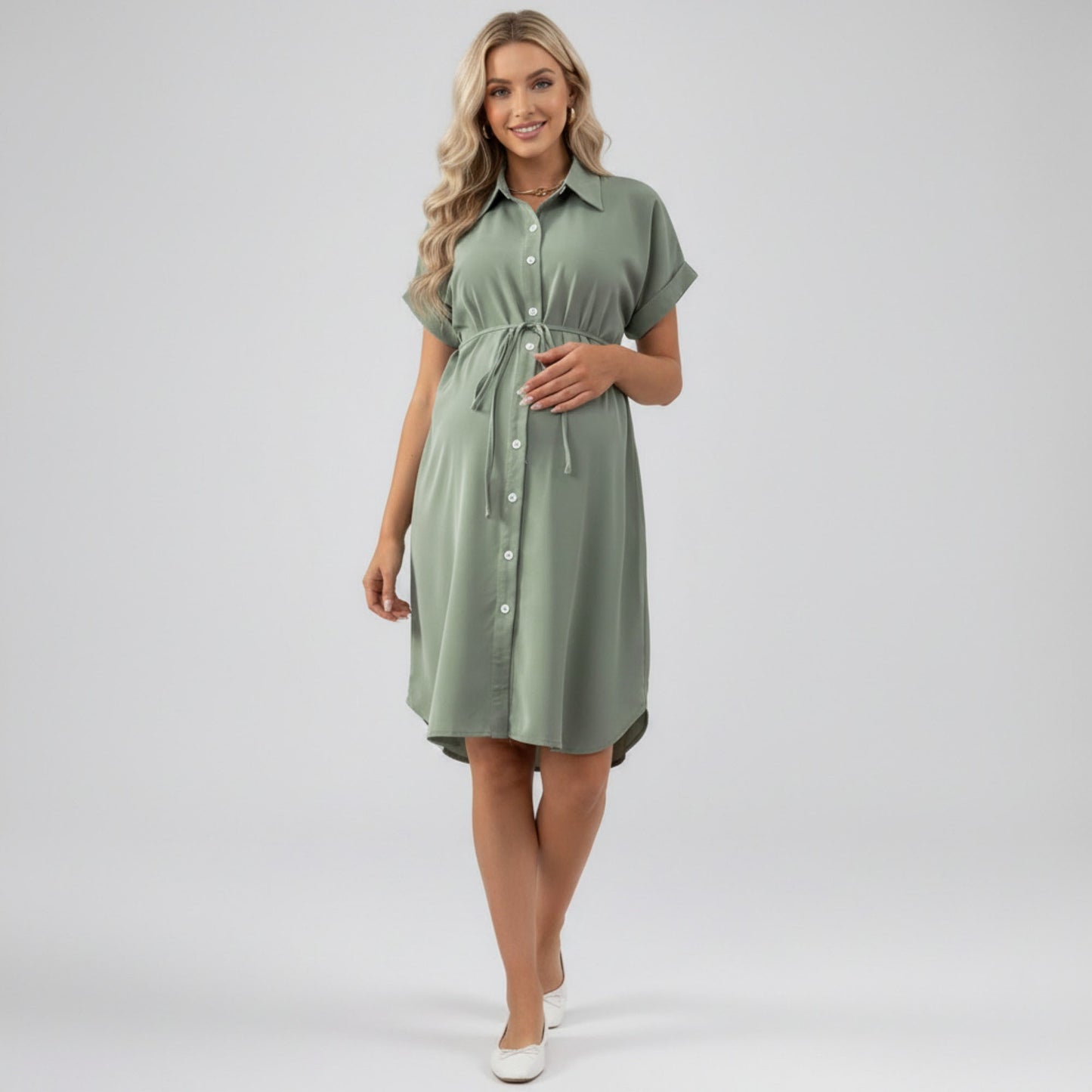 Maternity Button Down Shirt Dress with Adjustable Tie Waist Collared Midi Dress