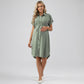 Maternity Button Down Shirt Dress with Adjustable Tie Waist Collared Midi Dress
