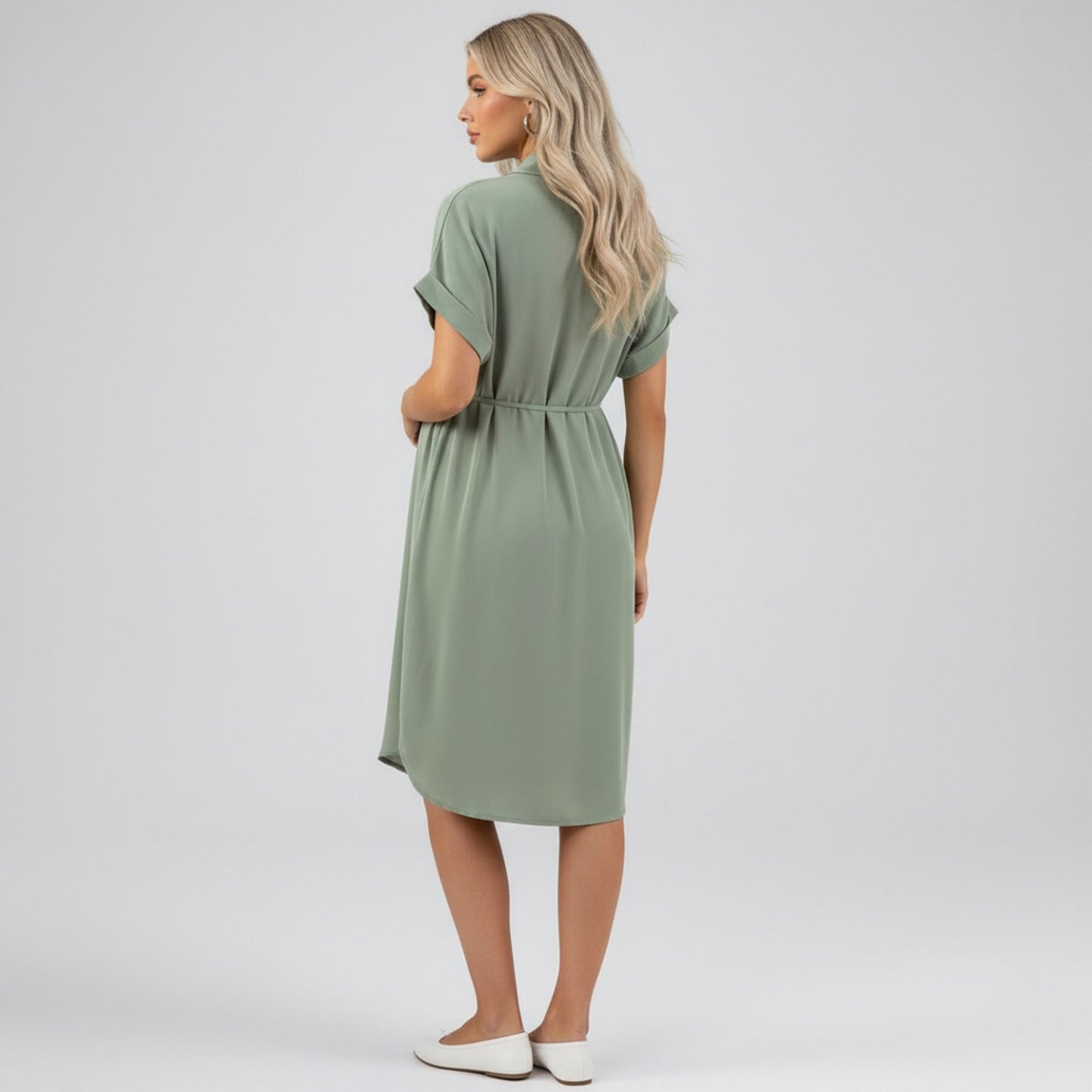 Maternity Button Down Shirt Dress with Adjustable Tie Waist Collared Midi Dress