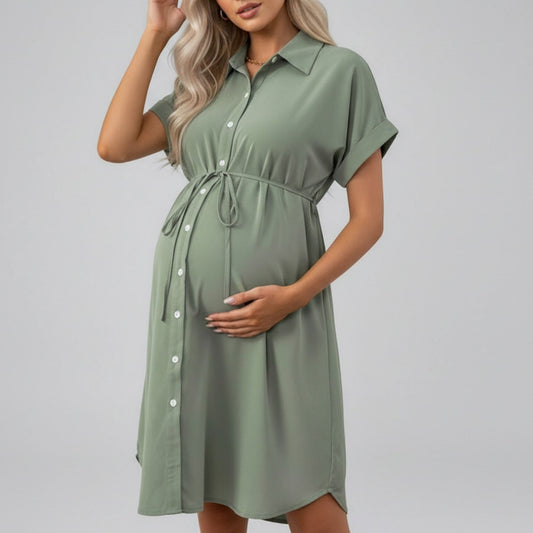 Maternity Button Down Shirt Dress with Adjustable Tie Waist Collared Midi Dress