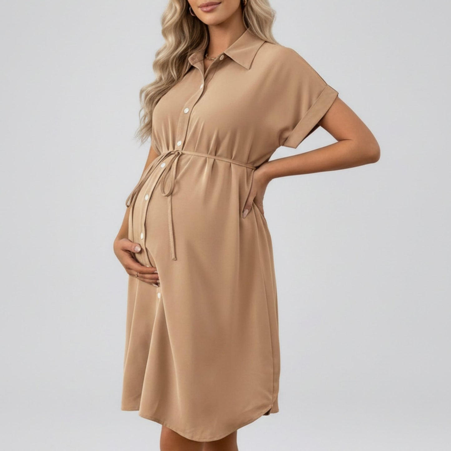 Maternity Button Down Shirt Dress with Adjustable Tie Waist Collared Midi Dress