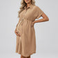 Maternity Button Down Shirt Dress with Adjustable Tie Waist Collared Midi Dress