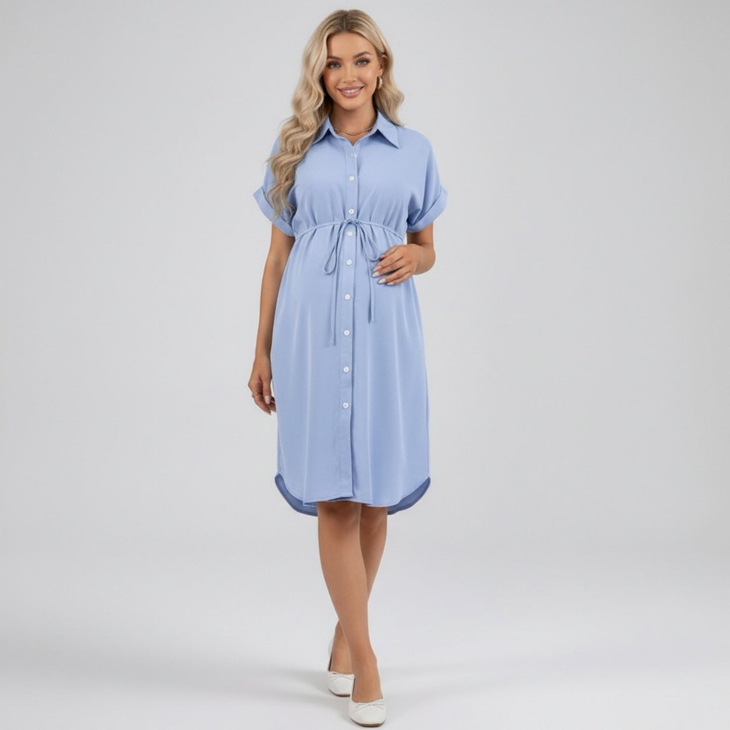 Maternity Button Down Shirt Dress with Adjustable Tie Waist Collared Midi Dress