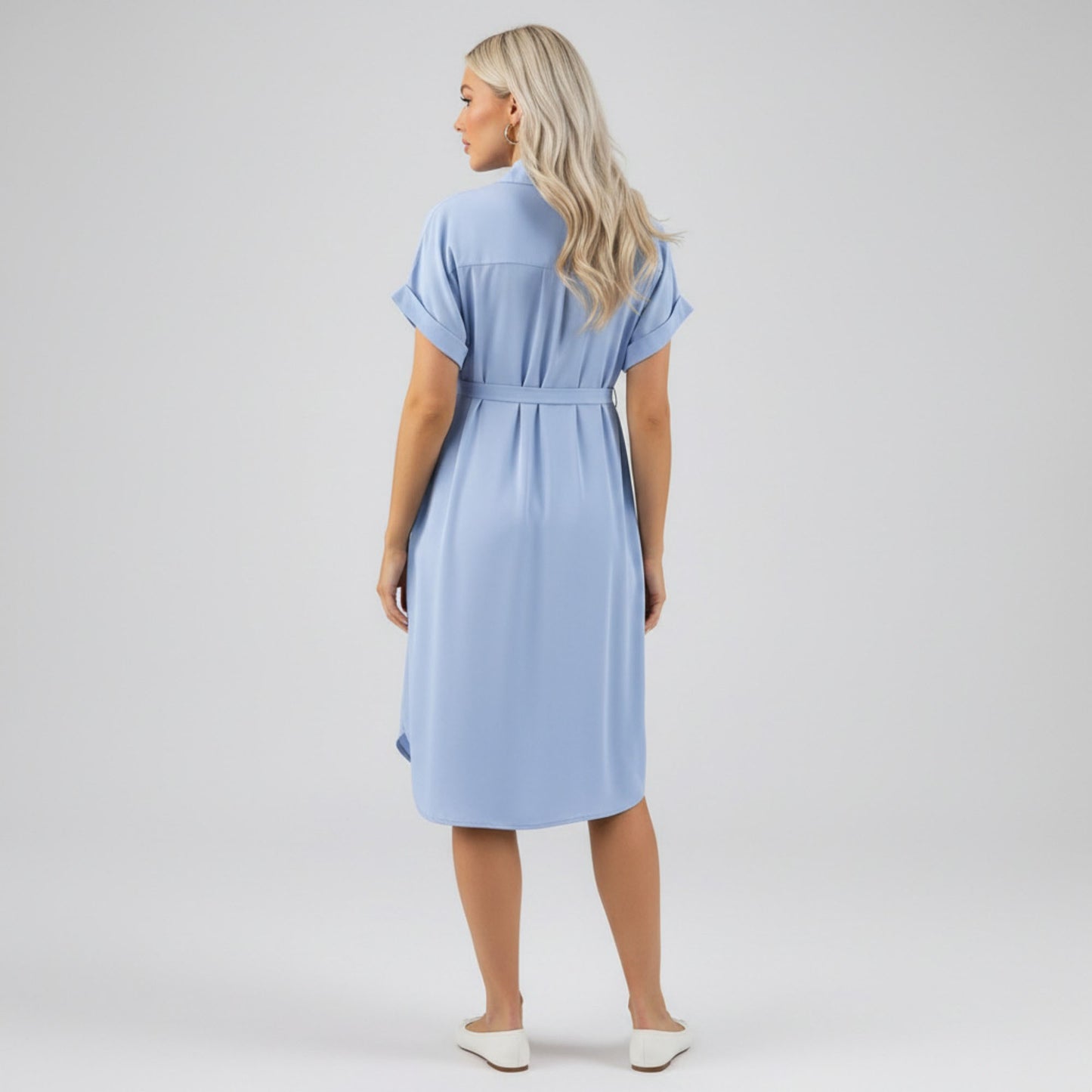 Maternity Button Down Shirt Dress with Adjustable Tie Waist Collared Midi Dress