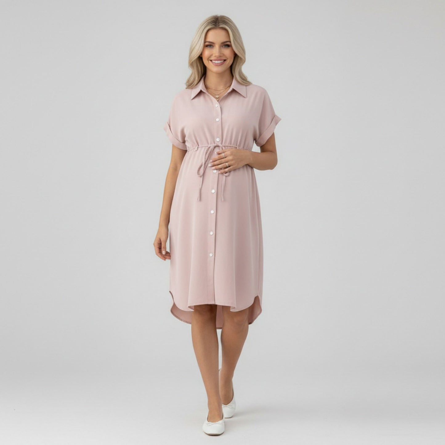 Maternity Button Down Shirt Dress with Adjustable Tie Waist Collared Midi Dress