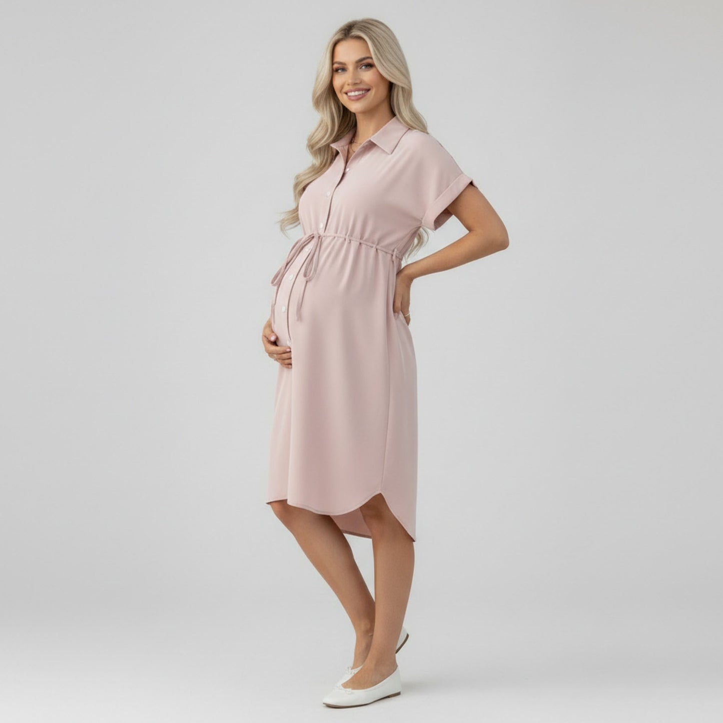 Maternity Button Down Shirt Dress with Adjustable Tie Waist Collared Midi Dress