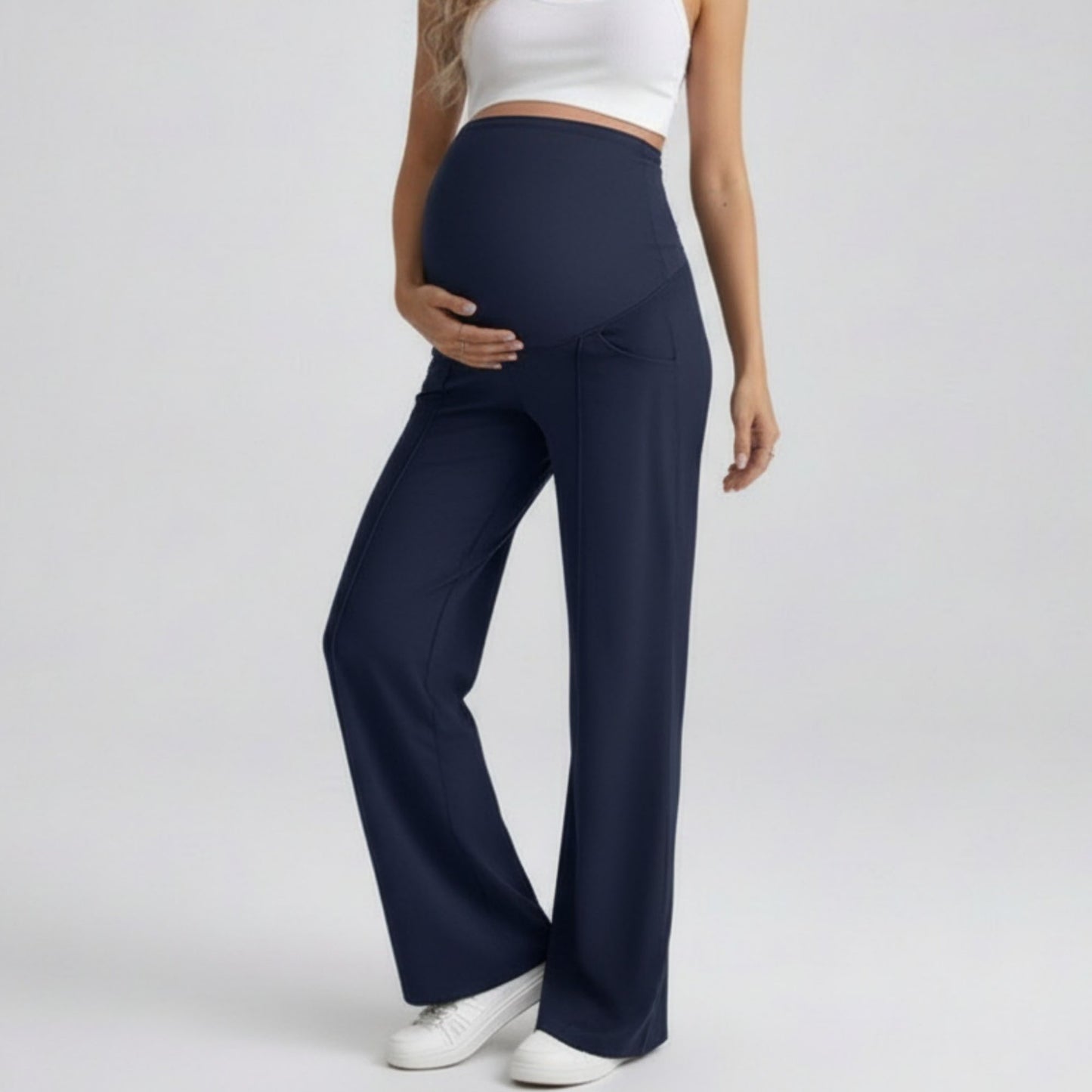 High Waist Maternity Wide Leg Pants with Over Belly Panel Front Seam Stretch Lounge Pants