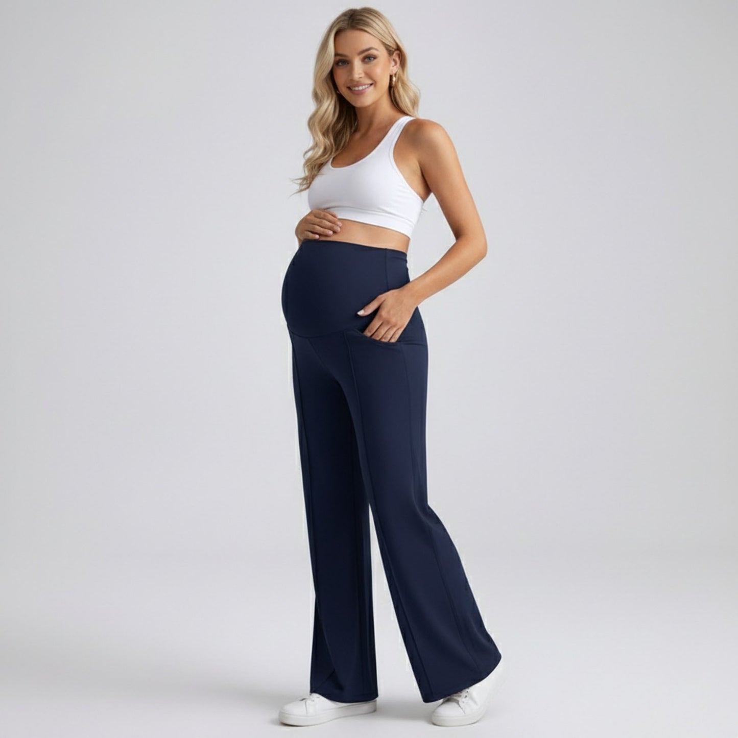 High Waist Maternity Wide Leg Pants with Over Belly Panel Front Seam Stretch Lounge Pants