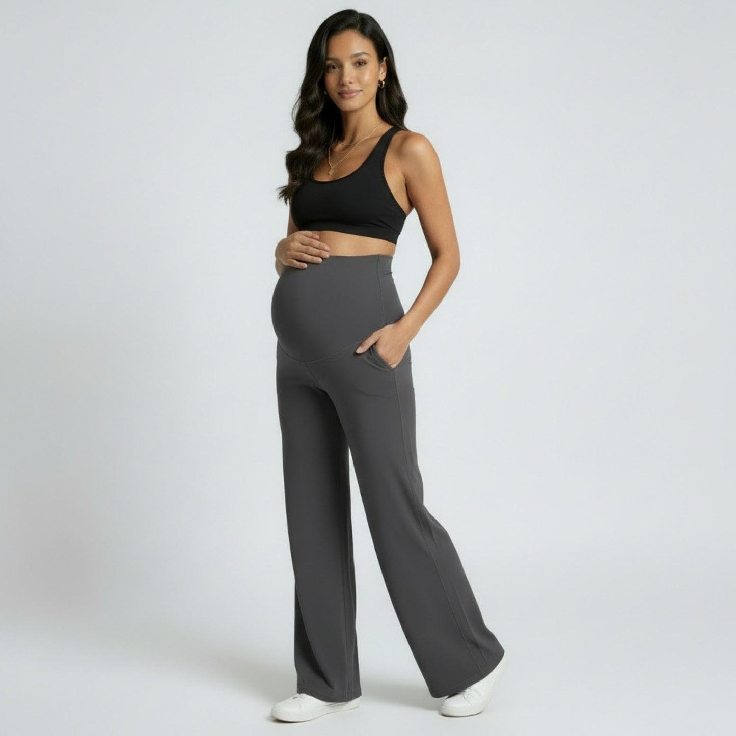 High Waist Maternity Wide Leg Pants with Over Belly Panel Soft Stretch Lounge Pants