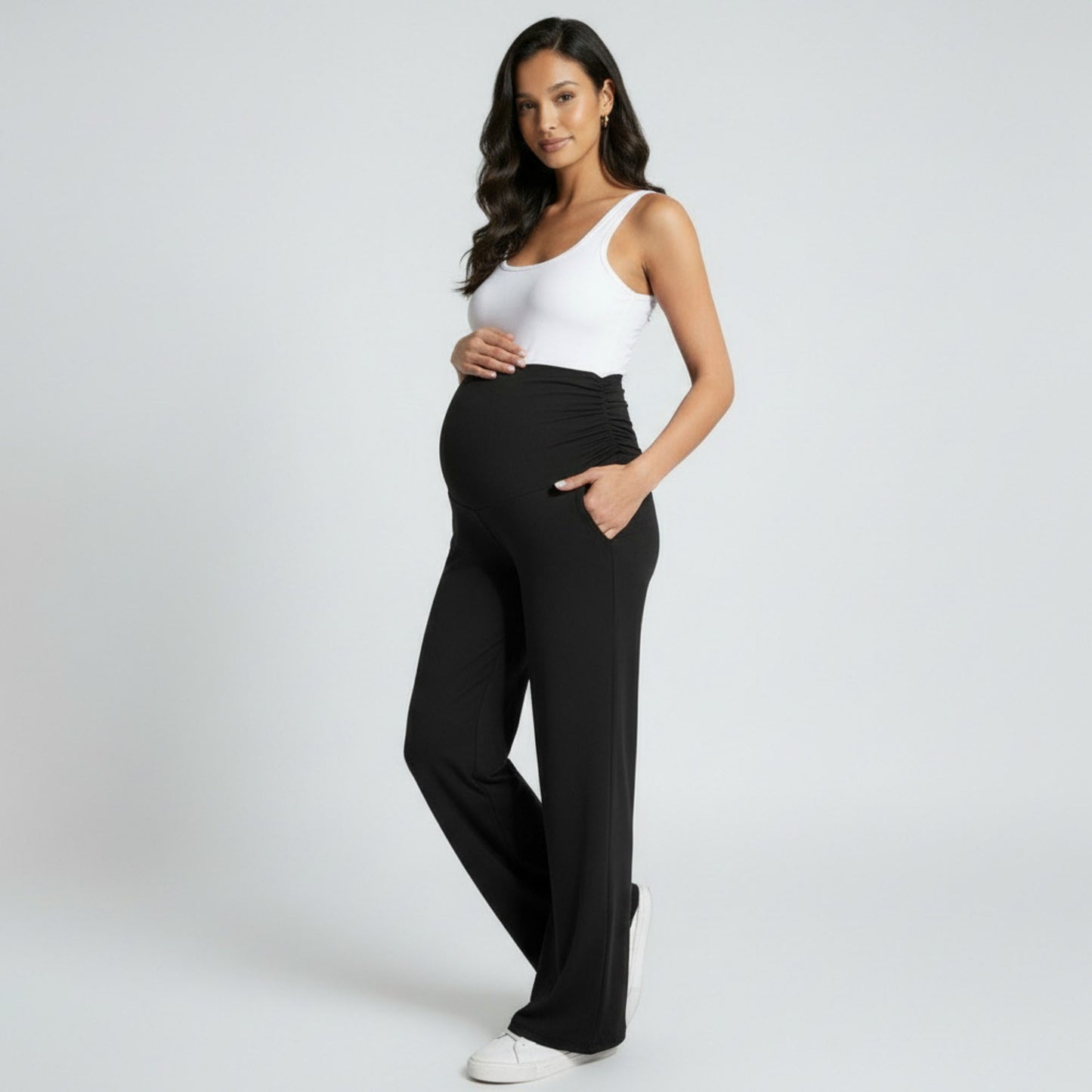 High Waist Maternity Wide Leg Pants with Over Belly Panel Stretch Loose Fit Lounge Pants