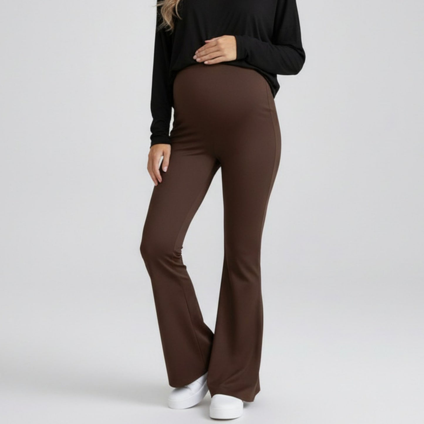 High Waist Maternity Flare Pants with Over Belly Panel Stretch Fitted Bootcut Lounge Pants