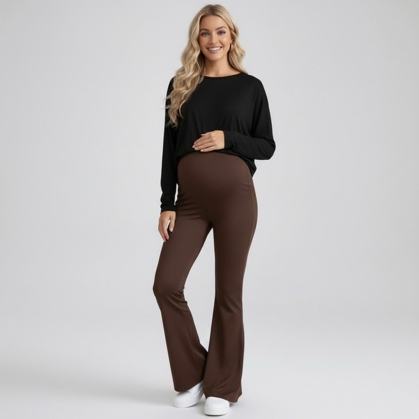 High Waist Maternity Flare Pants with Over Belly Panel Stretch Fitted Bootcut Lounge Pants