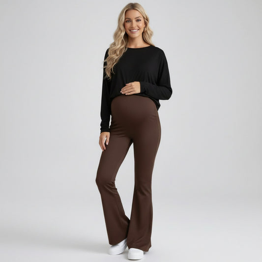 High Waist Maternity Flare Pants with Over Belly Panel Stretch Fitted Bootcut Lounge Pants