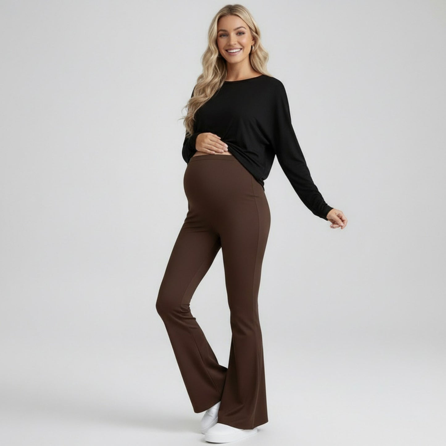High Waist Maternity Flare Pants with Over Belly Panel Stretch Fitted Bootcut Lounge Pants