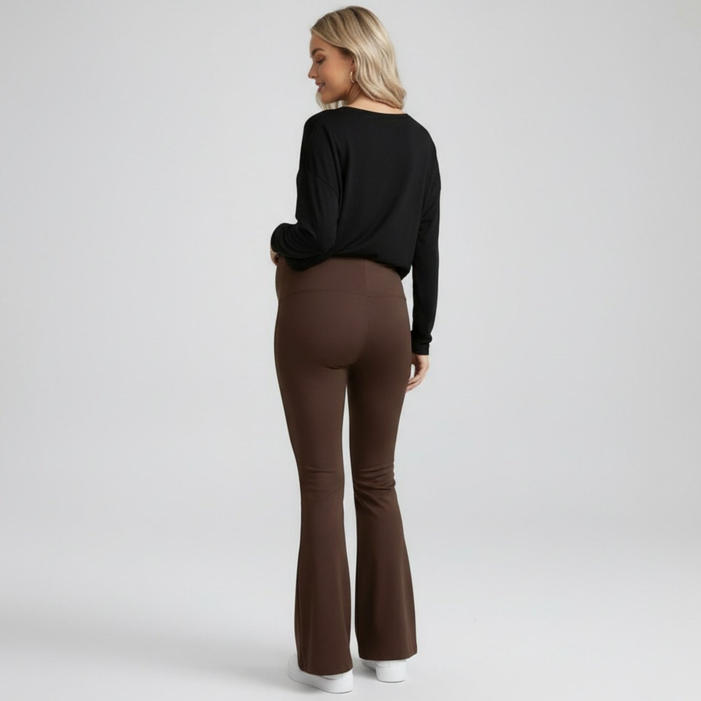 High Waist Maternity Flare Pants with Over Belly Panel Stretch Fitted Bootcut Lounge Pants