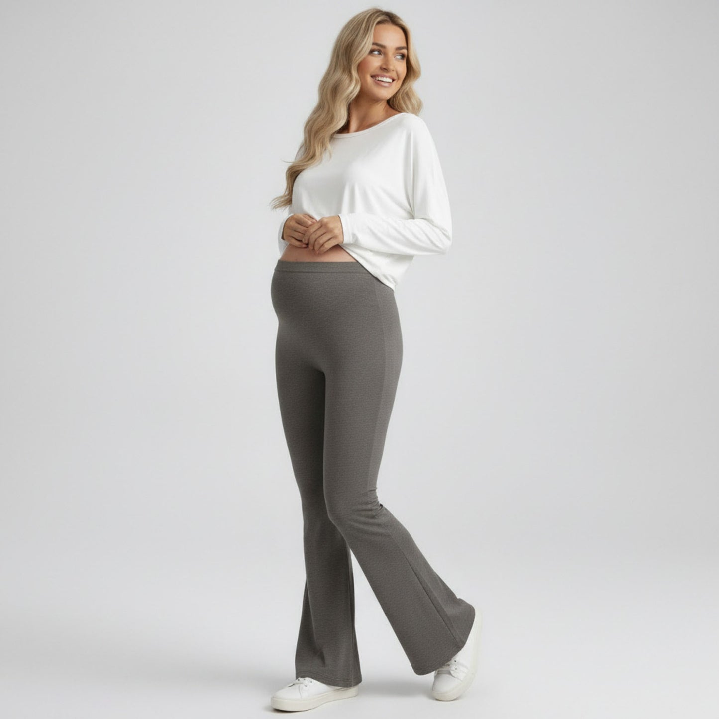 High Waist Maternity Flare Pants with Over Belly Panel Stretch Fitted Bootcut Lounge Pants
