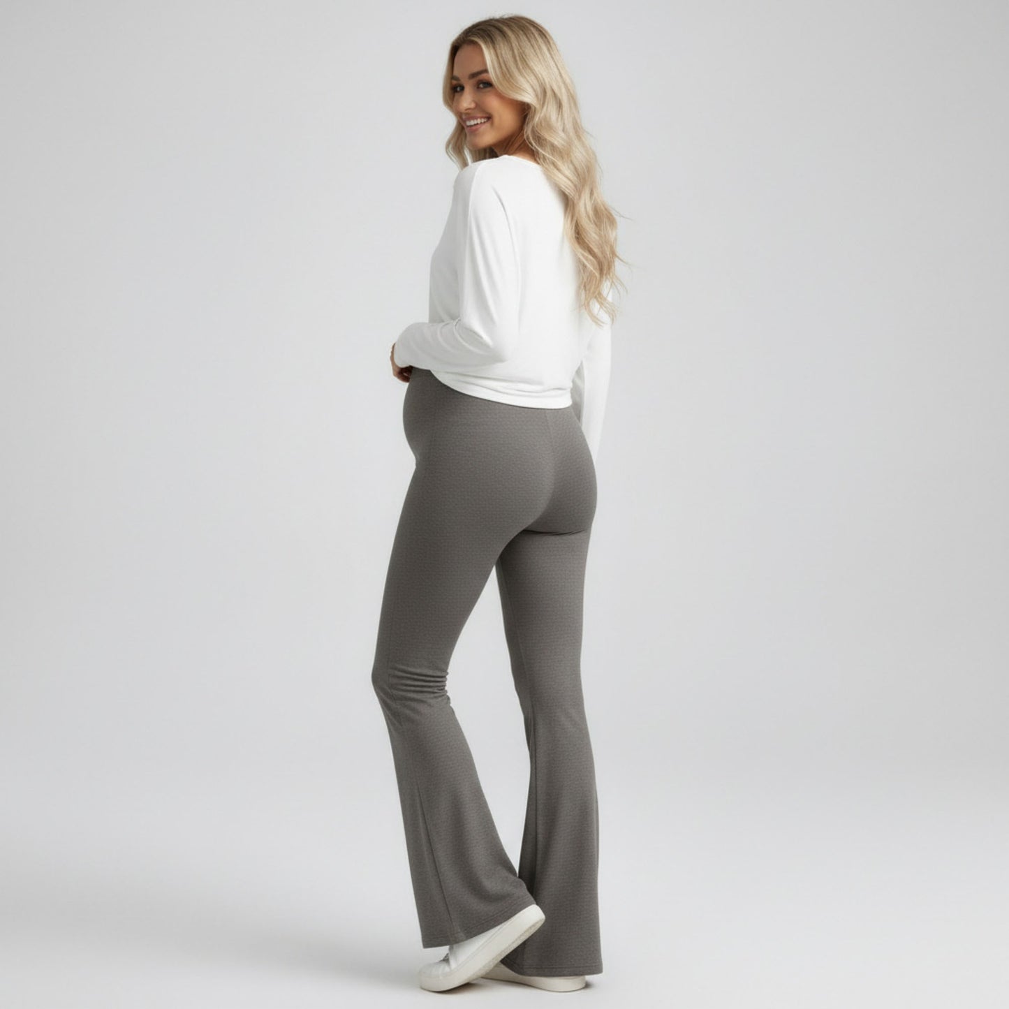 High Waist Maternity Flare Pants with Over Belly Panel Stretch Fitted Bootcut Lounge Pants