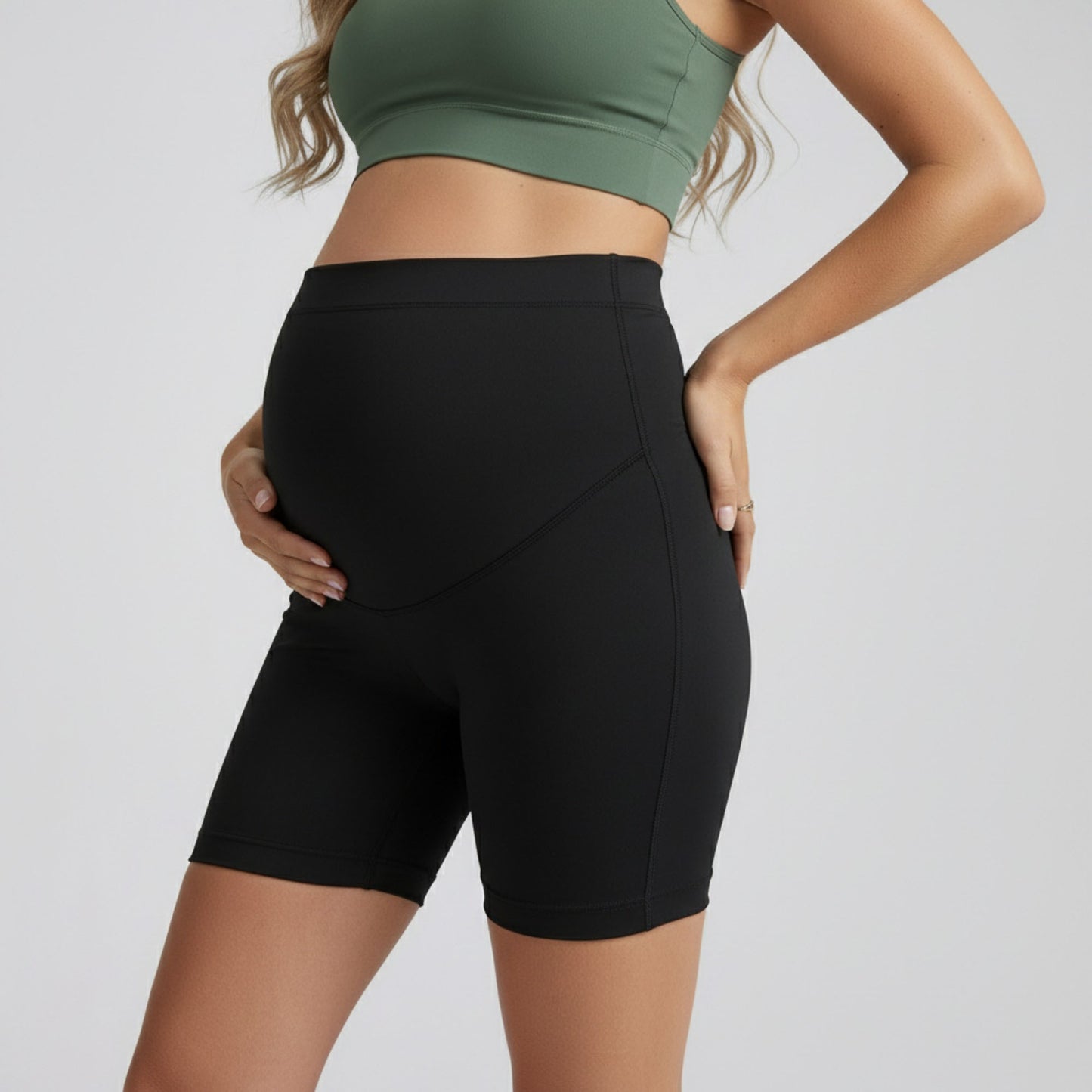 High Waist Maternity Bike Shorts with Over Belly Panel Smooth Stretch Activewear Shorts