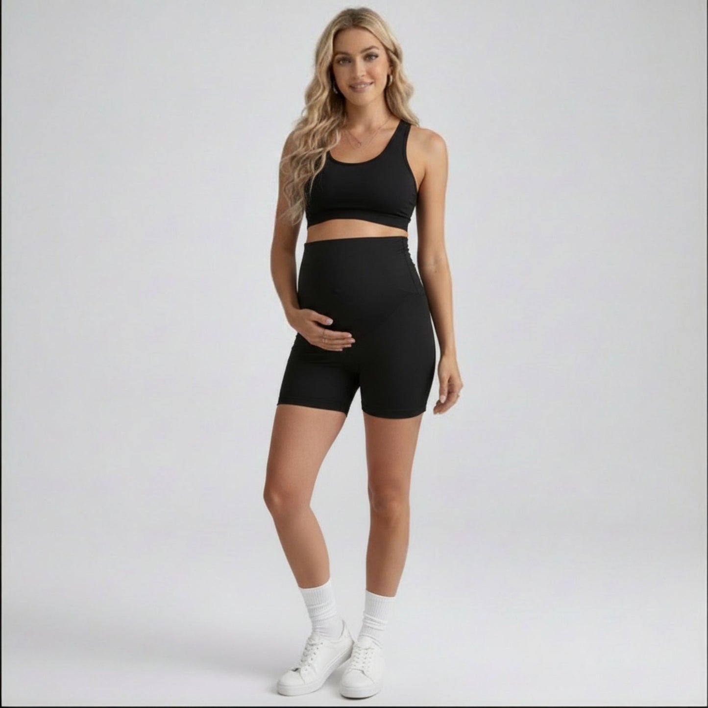 High Waist Maternity Bike Shorts with Over Belly Panel Stretch Fitted Activewear Shorts