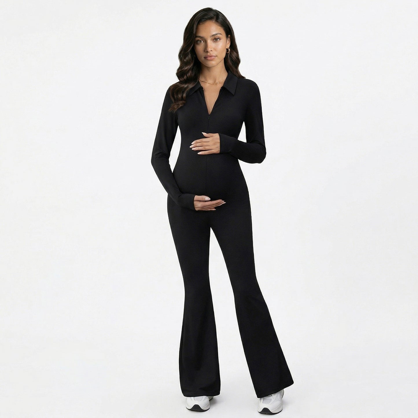 Maternity Long Sleeve Jumpsuit with Stretch Fabric Flare Leg Fitted Comfortable Design