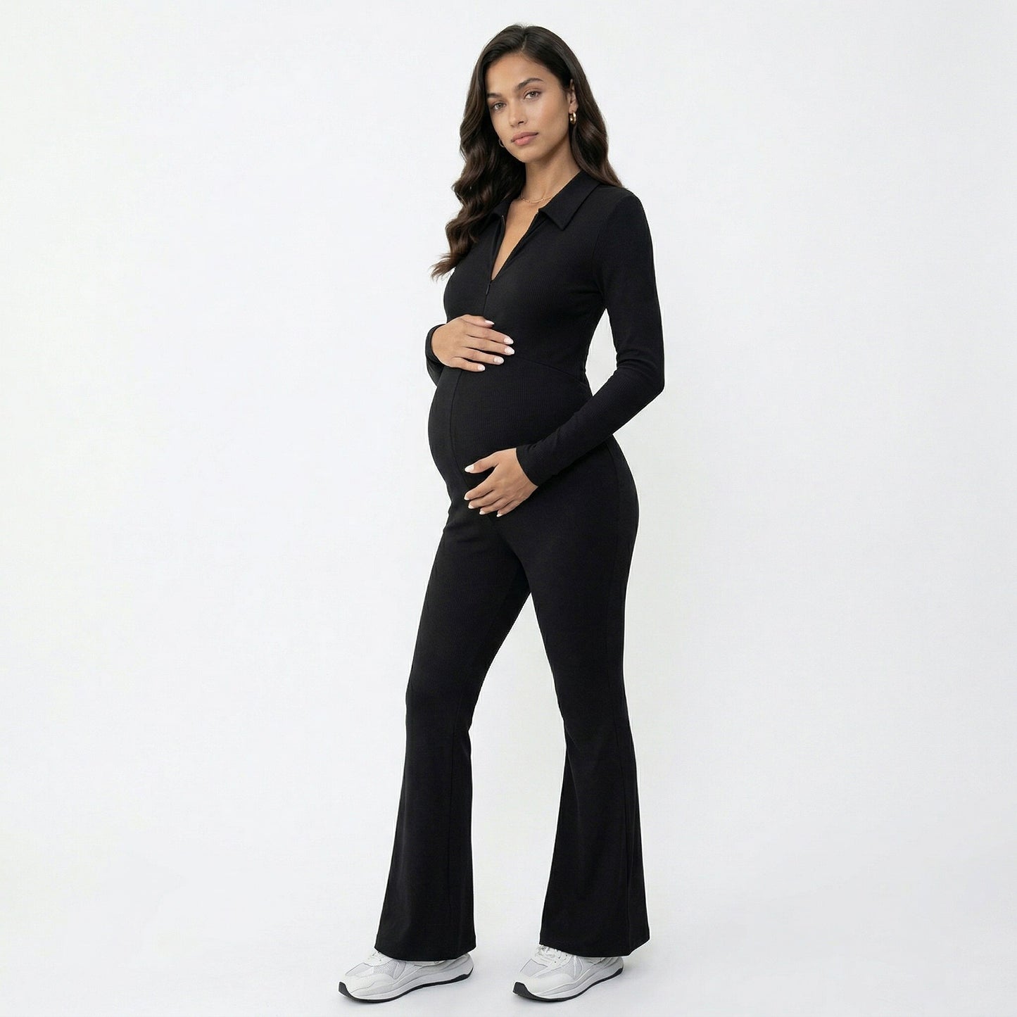Maternity Long Sleeve Jumpsuit with Stretch Fabric Flare Leg Fitted Comfortable Design