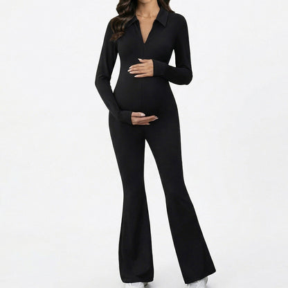 Maternity Long Sleeve Jumpsuit with Stretch Fabric Flare Leg Fitted Comfortable Design