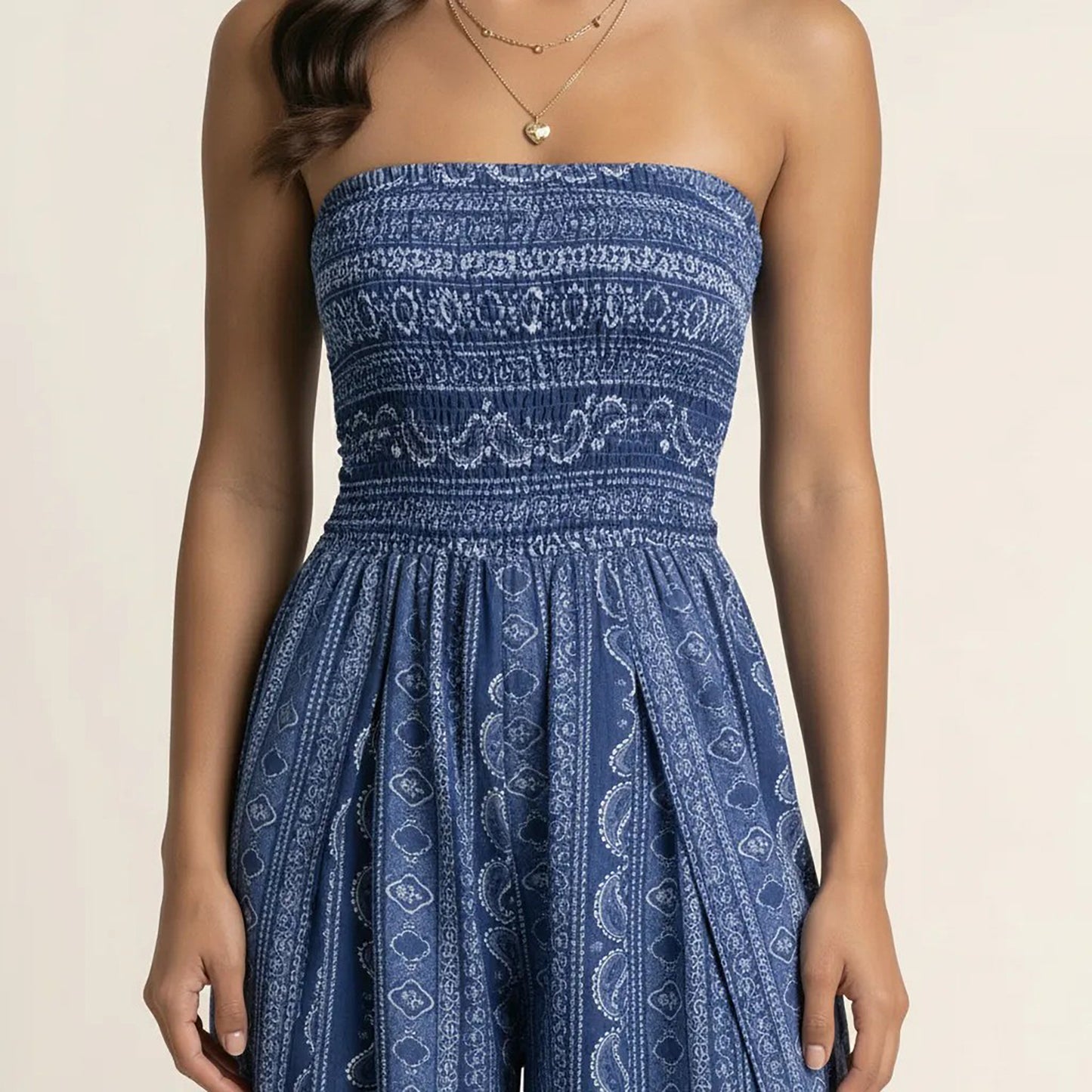 Strapless Wide Leg Jumpsuit with Smocked Bodice Printed Fabric Side Slit Flowy Fit