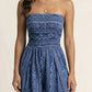 Strapless Wide Leg Jumpsuit with Smocked Bodice Printed Fabric Side Slit Flowy Fit