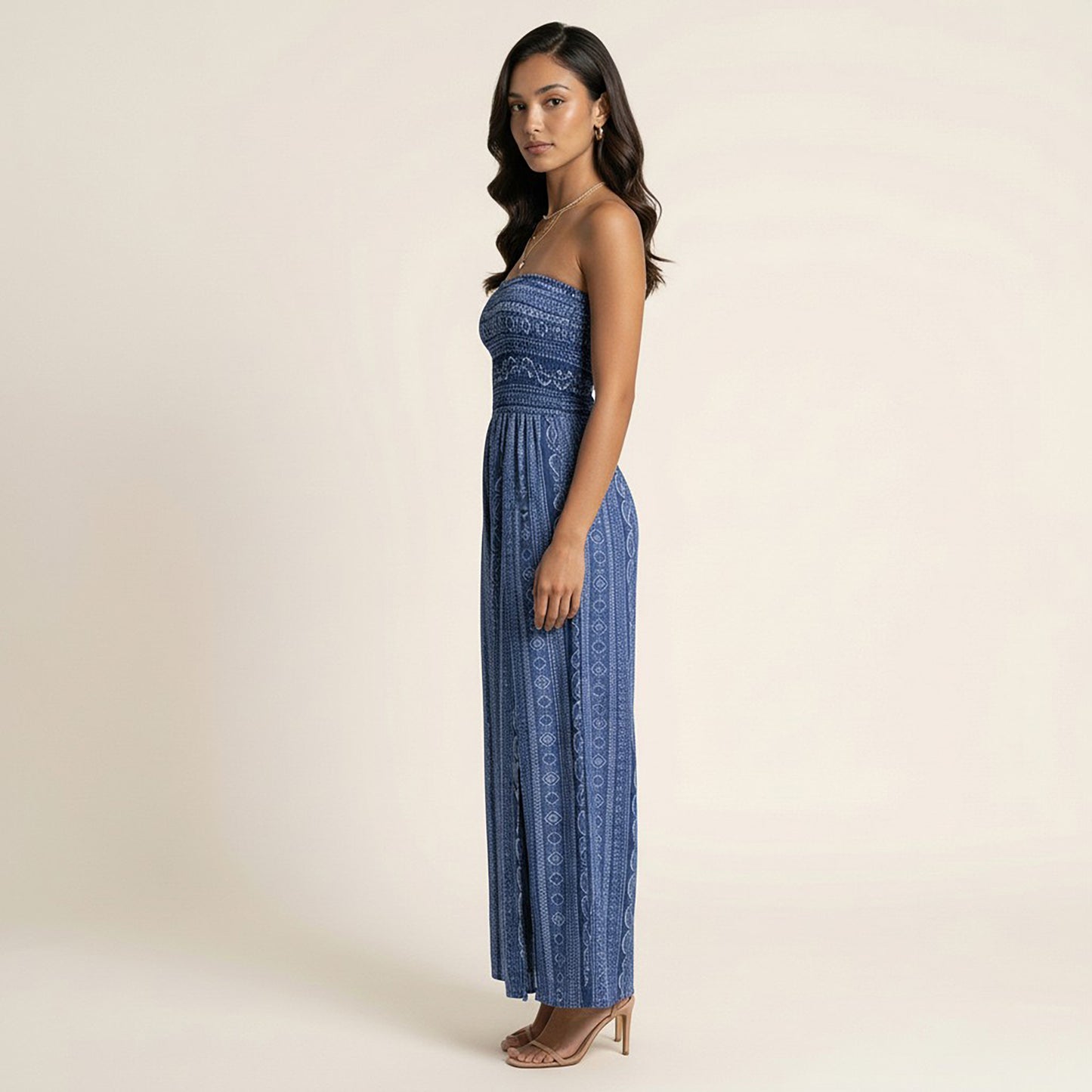 Strapless Wide Leg Jumpsuit with Smocked Bodice Printed Fabric Side Slit Flowy Fit