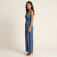 Strapless Wide Leg Jumpsuit with Smocked Bodice Printed Fabric Side Slit Flowy Fit