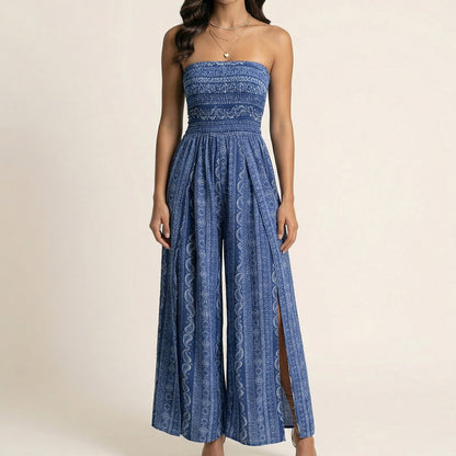 Strapless Wide Leg Jumpsuit with Smocked Bodice Printed Fabric Side Slit Flowy Fit